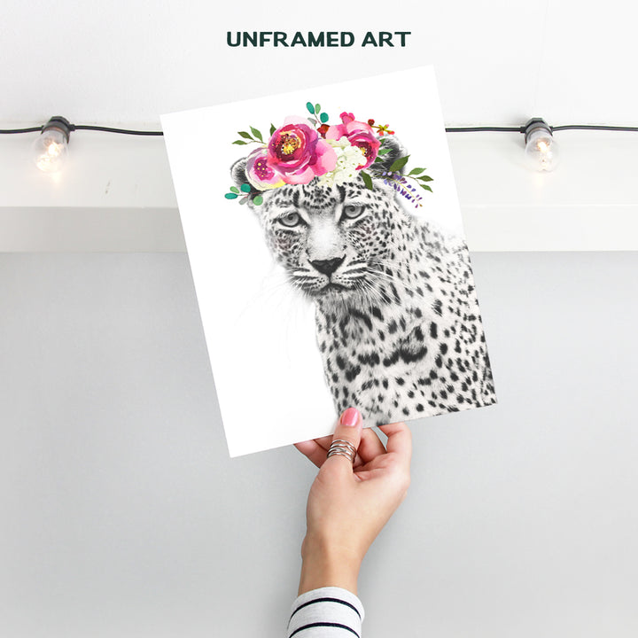 Leopard Print - Cheetah w/Flowers - Jungle Animal Floral Watercolor Wall Art Poster - Home Decor for Women, Girls, Teens or Kids, Room, Bedroom, Nursery - Cute Unique Baby Shower Gift - 8x10