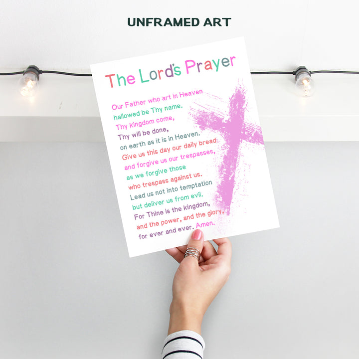 Lords Prayer Bible Verse Wall Art - Religious Scripture Girls Bedroom Decor - Christian Daughter Gifts for Toddler, Baby Girls Room - Blessed Church Sunday School Kids Decorations - Pink Cross Poster