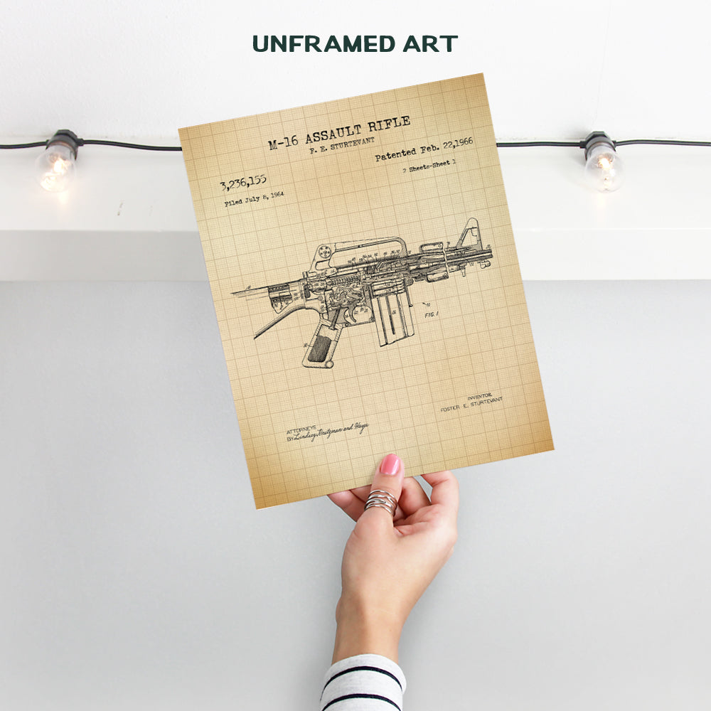 M-16 Assault Rifle Patent Print - Unique Gift or Wall Art for Gun, Firearm, 2nd Amendment Enthusiasts, Army Marines Military Veterans - Home Decor for Man Cave, Living Room - 8x10 UNFRAMED Poster