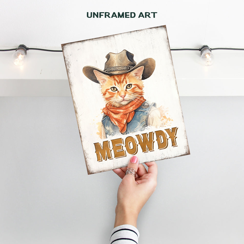 Cute Cat Wall Decor - Meowdy Western Wall Decor - Rustic Country Decor - Funny Cat Themed Wall Art Poster - Boho Farmhouse Home Decor - Cowgirl Cat Stuff - Little Girls Bedroom Decor Sign - Cat Gifts