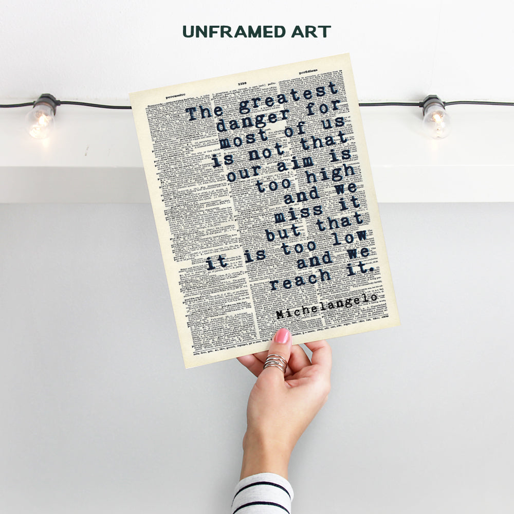 Inspirational Michelangelo Quote, Upcycled Dictionary Wall Art Decor Print - 8x10 Motivational Home Decoration Poster for Bedroom, Office - Gift for History Fans, Entrepreneurs