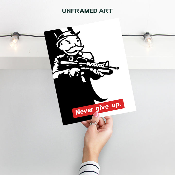 Never Give Up - Motivational Wall Art - Entrepreneur Wall Art- Motivational Posters - Office Wall Decor - Encouragement Gifts - Positive Quotes Wall Decor- Inspirational Wall Decor - Monopoly Wall Art