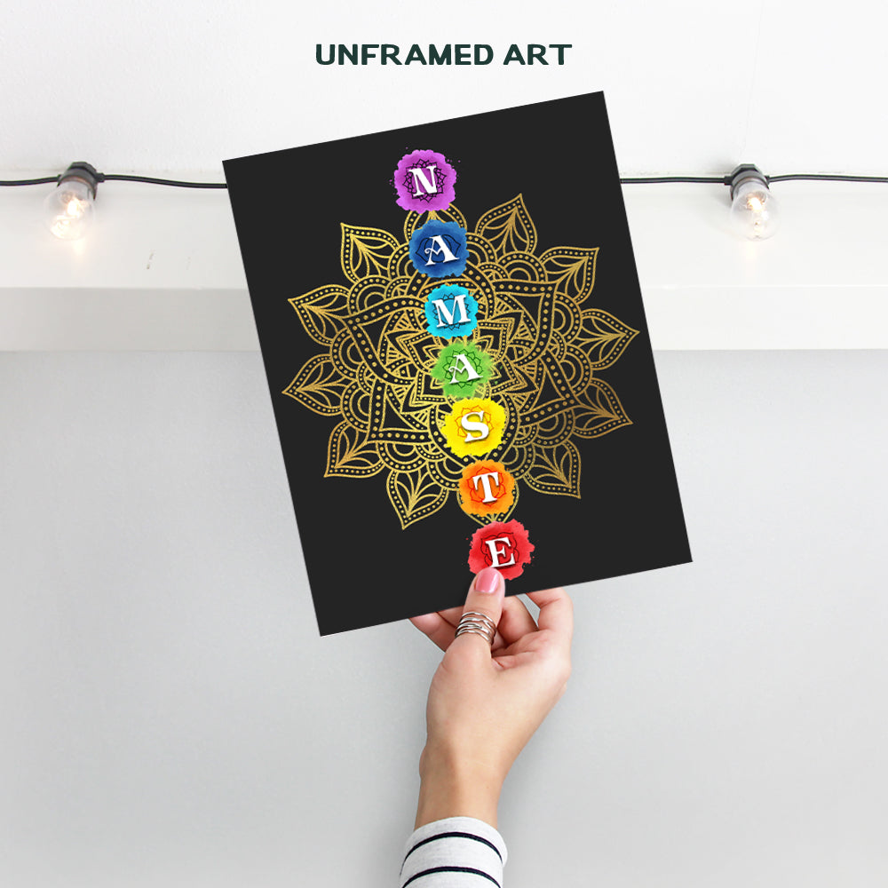 Chakras Namaste Lotus Flower Mandala Wall Decor - Zen Buddhism Art for Spa Room Decor, Bedroom, Bathroom - Meditation Gifts for New Age Women, Buddhist - Gold Black Yoga Poster Print