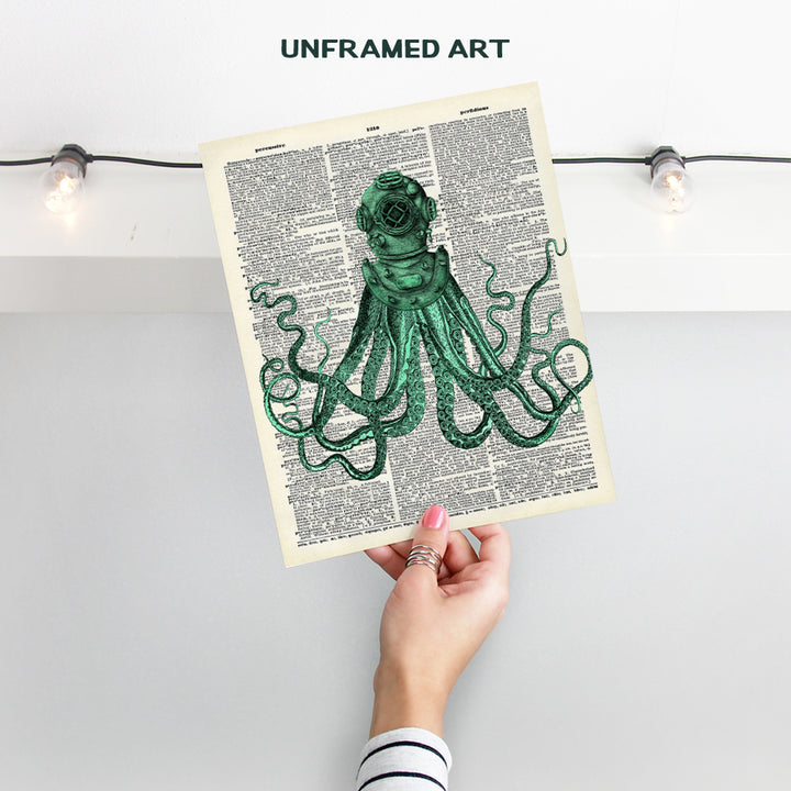 Octopus in Dive Helmet - Unframed Dictionary Wall Art Print - Steampunk - Great For Home Decor and Easy Gift Giving - Ready to Frame (8X10) Vintage Photo