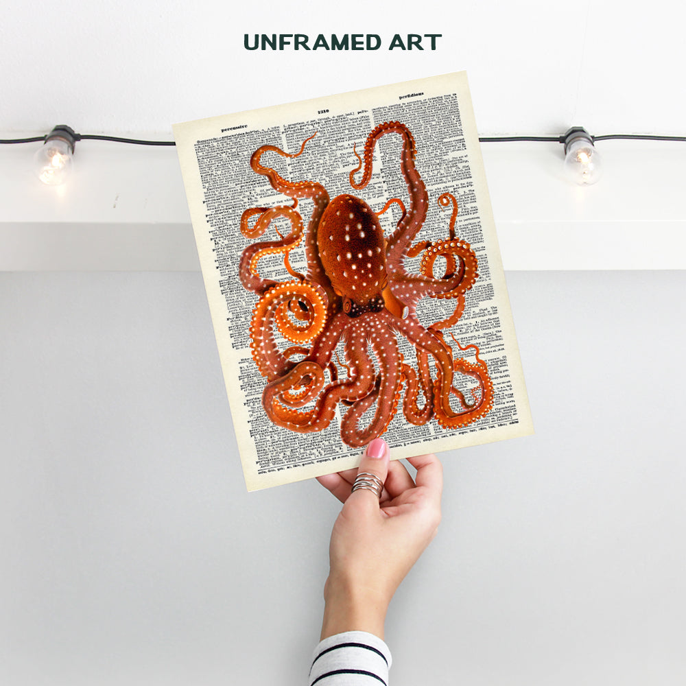 Orange Octopus Unframed Dictionary Wall Art Print - Perfect For Beach House Home Decor and Easy Gift Giving - Ready to Frame (8x10) Photo