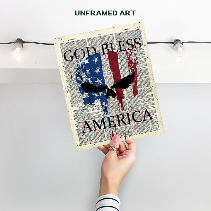 Patriotic American Flag Punisher Dictionary Art Print - Vintage Upcycled God Bless America Wall Art Poster- Great Home or Office Decor - Gift for Military Veterans, Vets, 4th of July - 8x10