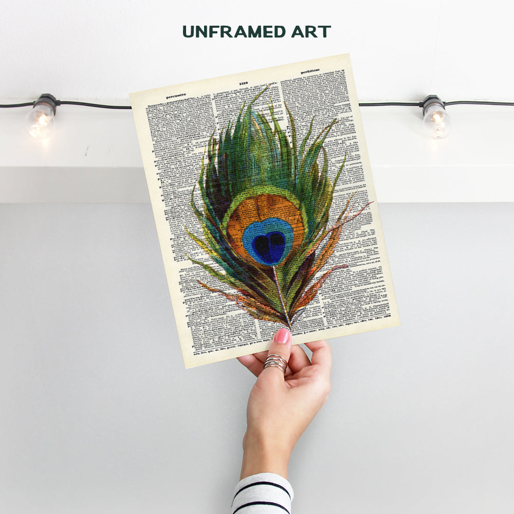 Upcycled Dictionary Wall Art Print - Vintage 8x10 Unframed Photo - Makes a Great Gift - Chic Home Decor - Peacock Feather