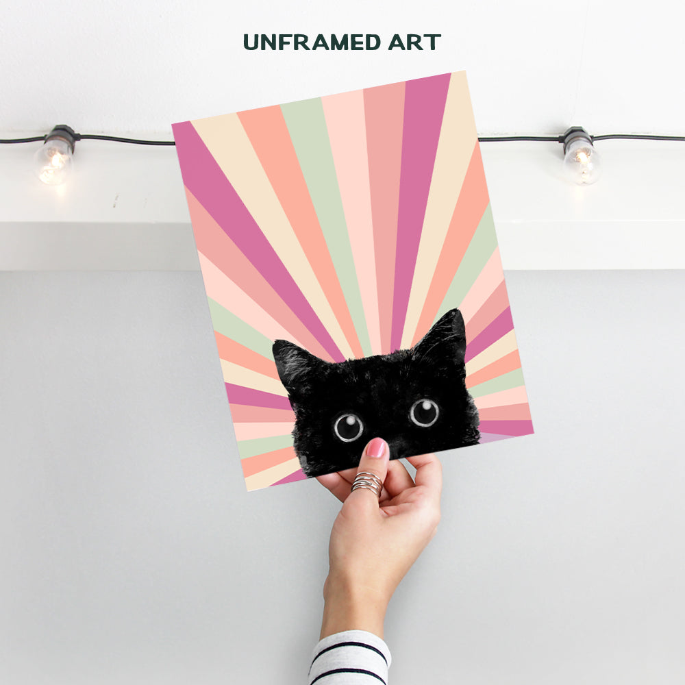 Mid Century Cat Boho Decor - Cute Cat Wall Decor - Pink Boho Wall Art Minimalist Room Decor - Vintage Retro Black cat Stuff, Cat Mom, Cat Lover Cat Themed Gifts for Women - Boho-chic Decor Cat Poster