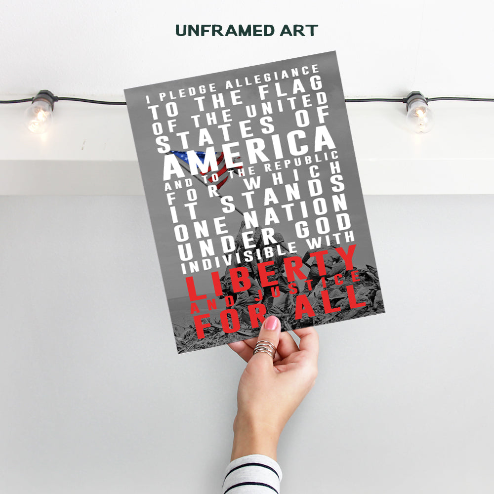 Pledge of Allegiance Patriotic Decor - 8x10 American Pride Wall Art Poster, Home, School, Office or Classroom Decoration - Unique Gift for Military Veterans, Vets, Teachers - Iwo Jima Flag Photo Print