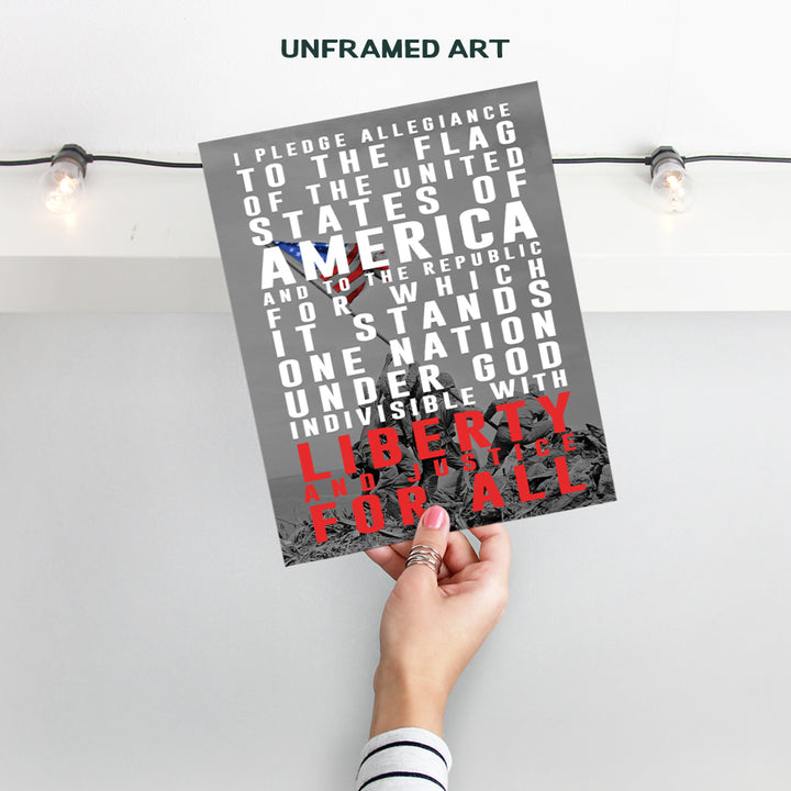 Pledge of Allegiance Patriotic Decor - 8x10 American Pride Wall Art Poster, Home, School, Office or Classroom Decoration - Unique Gift for Military Veterans, Vets, Teachers - Iwo Jima Flag Photo Print