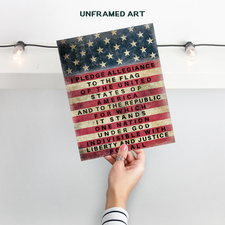 Patriotic American Flag Pledge of Allegiance Wall Art Print - Vintage Farmhouse Retro Home Decor - Great Gift for Military Veterans and 4th of July - Unframed 8x10 Photo