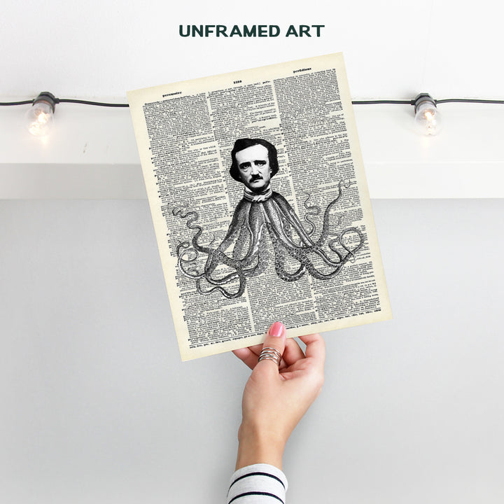 Edgar Allan Poe Octopus Wall Art - Goth Gothic Home Decor, Decoration for Bedroom, Living Room, Bathroom - Funny Gift for Steampunk Fans, Men, Teens - 8x10 UNFRAMED Poster Print