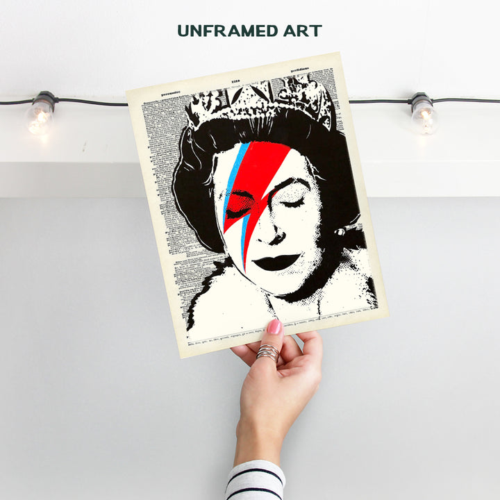 Banksy Queen Elizabeth Wall Art Poster - 8x10 Graffiti Art Print - Dictionary Art - Unique Gift for Urban Street Art Fans - Cool Room Decor for David Bowie Ziggy Stardust, British Royalty Fans