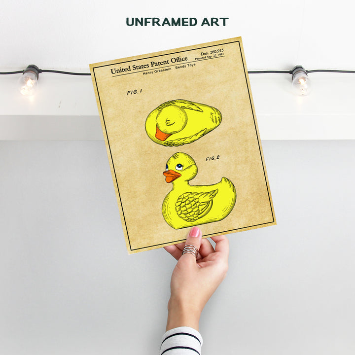 Rubber Duck Bathroom Patent Art Print - Vintage Wall Art Poster - Chic Retro Home Decor for Boys, Girls and Baby Room, Nursery or Bath - Great Gift for Mom - 8x10 Photo - Unframed