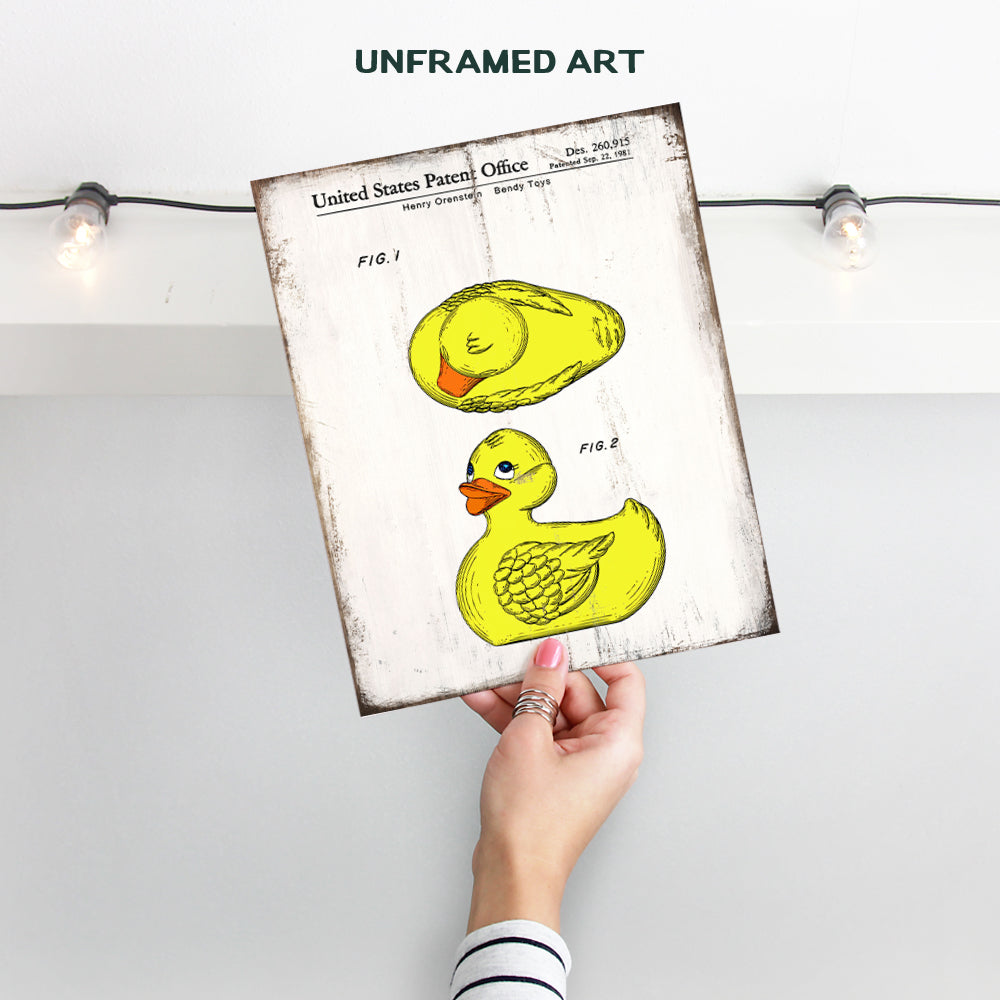 Rubber Ducky Patent Print - 8x10 Vintage Bathroom Wall Art Photo -Retro Farmhouse Cottage Home Decor for Boys, Girls, Kids, Baby Room, Nursery, Bath - Rustic Shabby Chic Gift for Mom - Unframed Poster