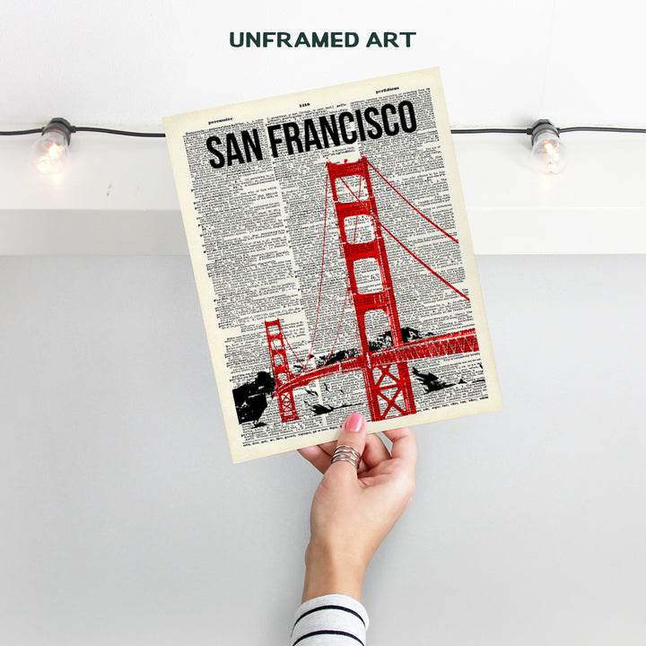 San Francisco Golden Gate Bridge Dictionary Wall Art - 8x10 Upcycled Photo, Home Decor, Room Decoration Poster Print - Cool Unique Gift for California, CA Fans - Unframed Picture