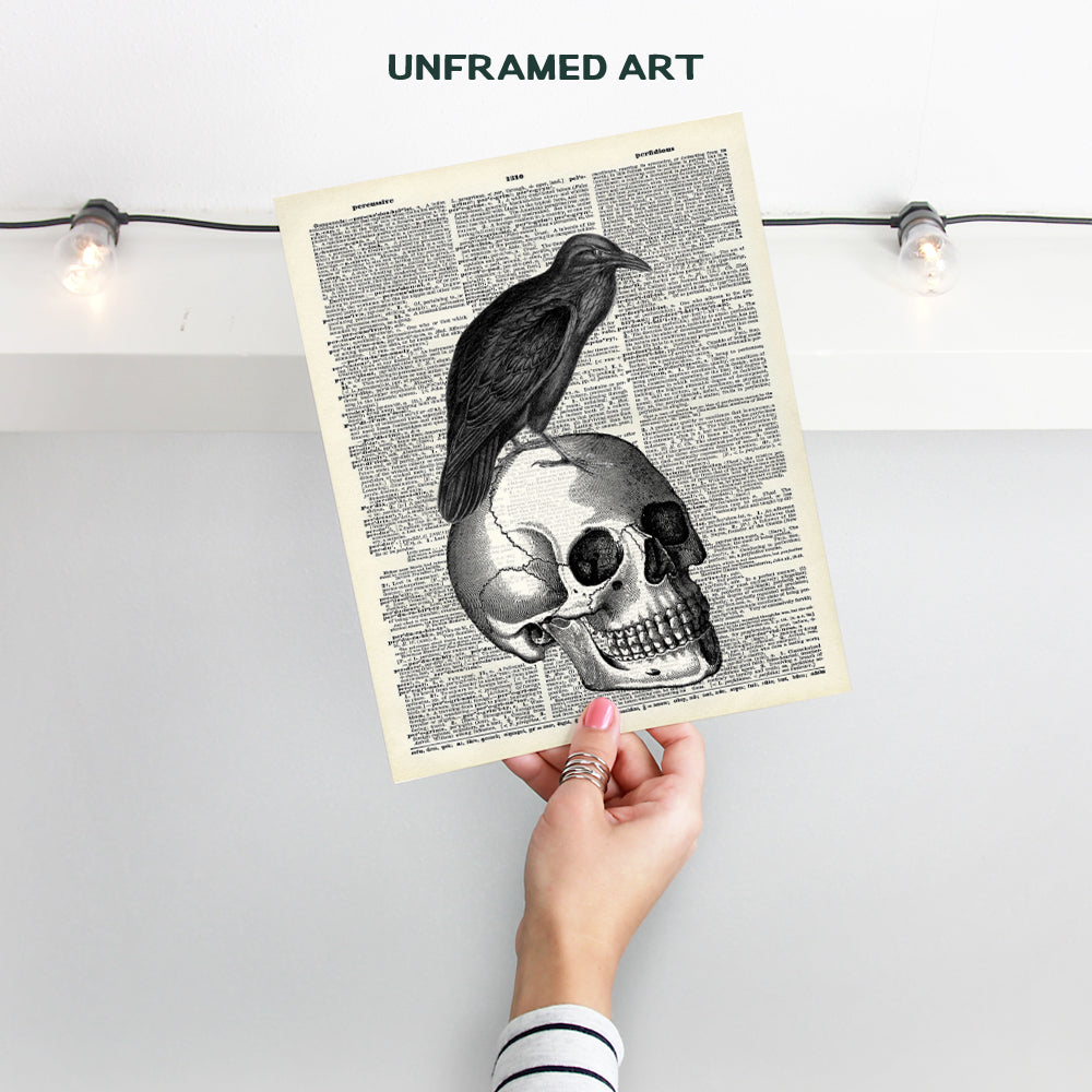 Goth Skull and Raven Dictionary Art - 8x10 Vintage Poster Print for Home Decor, Wall or Room Decoration - Cool Unique Affordable Gift for Gothic Edgar Allan Poe Fans - Unframed Photo Picture