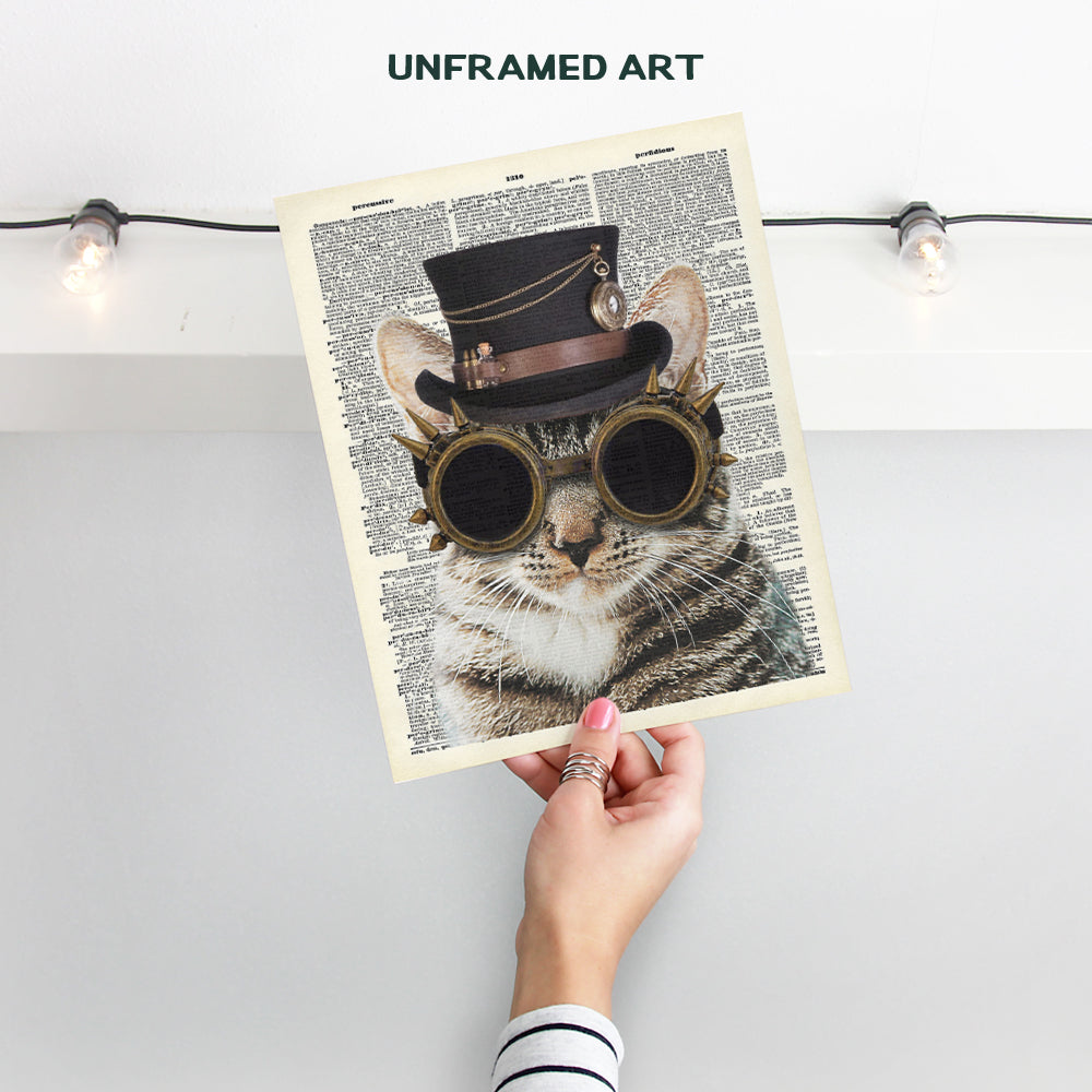 Steampunk Cat Wall Art - Funny Goth Cat Wall Decor Print for Bedroom, Veterinarian Office - Gift for Vet, Boys, Men, Teens, Women, Kitty, Kitten, Feline, Pet, Cat Lovers - Unique Gothic Dictionary Art