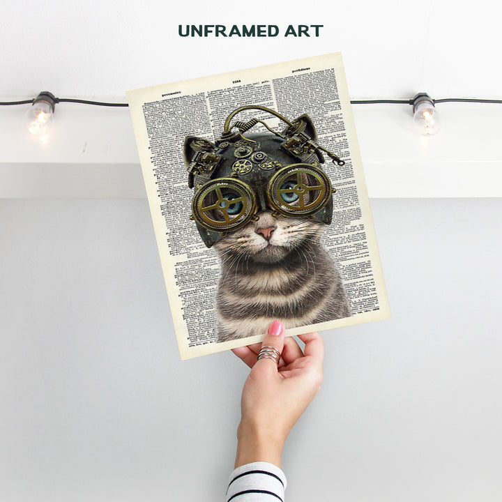 Steampunk Cat in Goggles, Gears - Gothic Wall Art Home Decor - Cat Wall Art - Gift for Kitty Kitten Pussycat Victorian Renaissance Fan - Home Decoration Poster Picture - Bedroom, Bathroom, Living Room