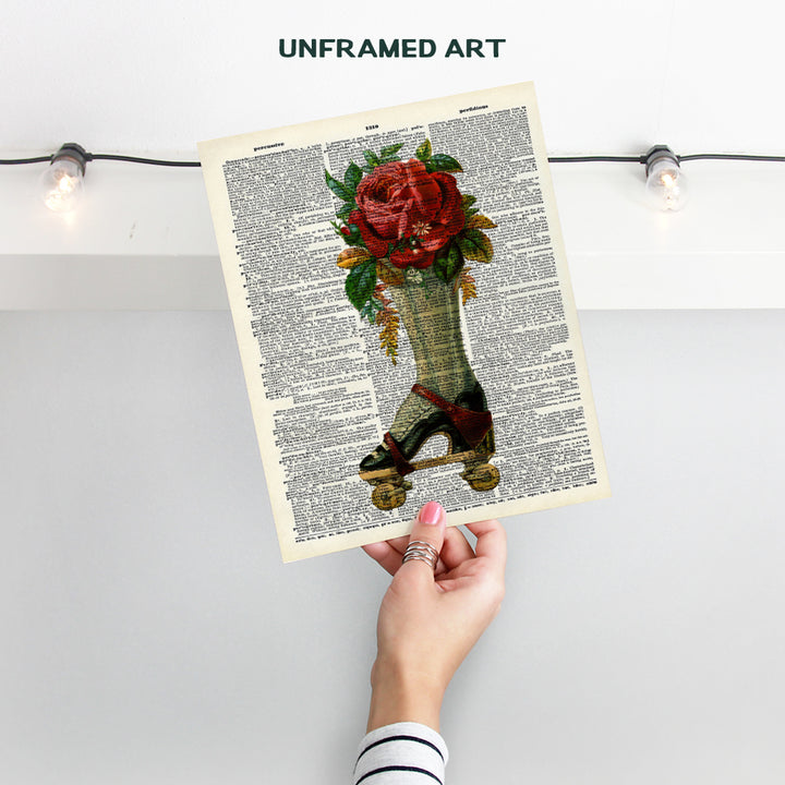 Steampunk Roller Skate Dictionary Wall Art - Vintage Retro Hipster Victorian Home Decor for Bedroom, Bathroom, Office, Living Room - Unique Cool Shabby Chic Gift - Floral Rose Poster Print Artwork