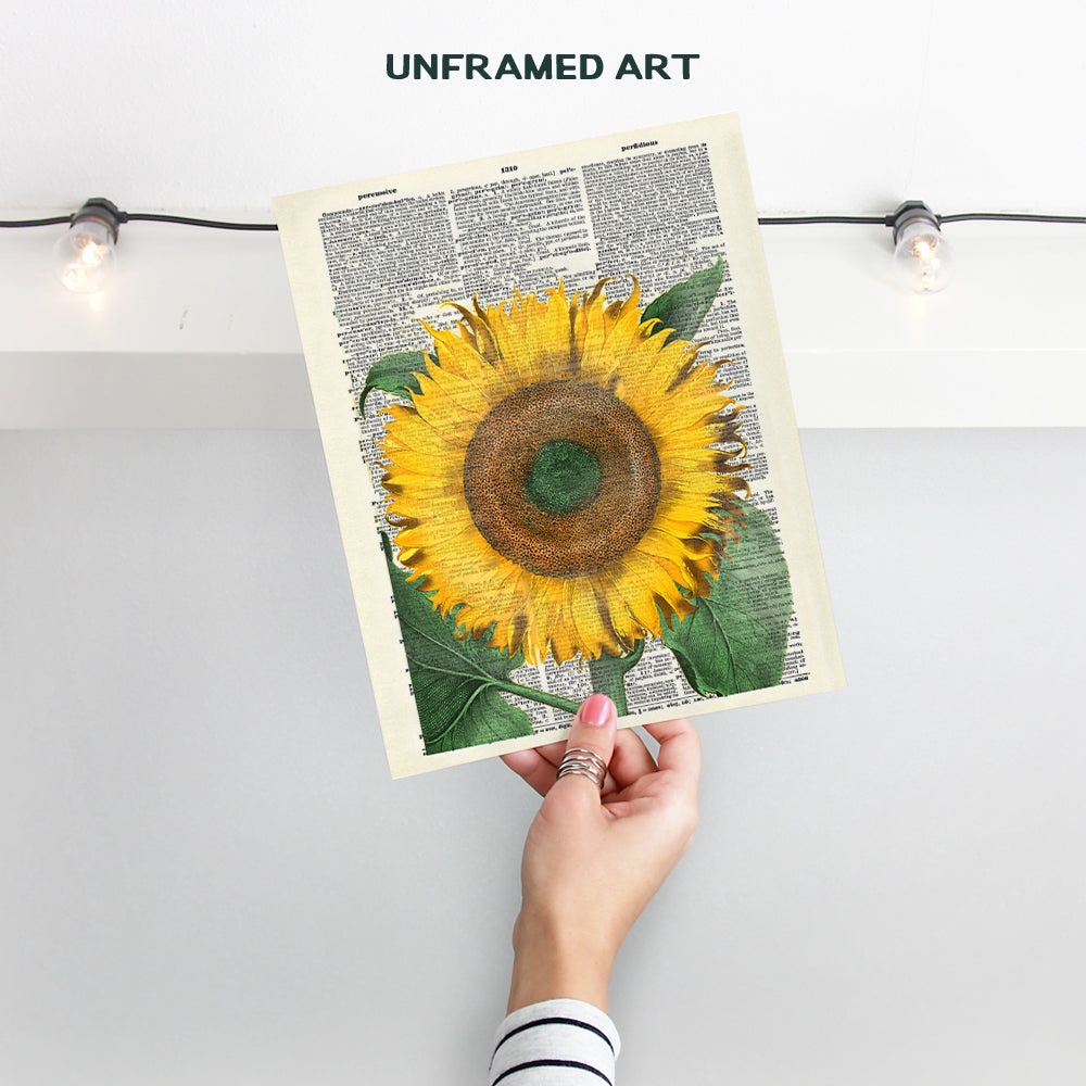 Sunflower On Photo of Dictionary Page - Unframed Wall Art Print - Great For Home Decor - Affordable and Easy Gift Giving - Ready to Frame (8x10) Photo