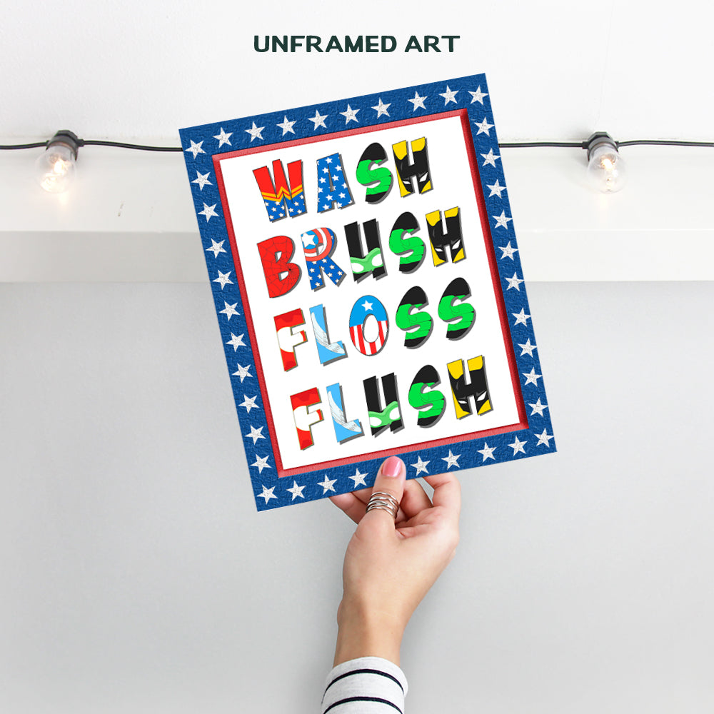 Superhero Bathroom Art Print, Wall Art Poster - Unique Home Decor for Bath - Gift for Boys, Children Super Hero Comic Book Fans - 8x10 Photo Unframed Photo