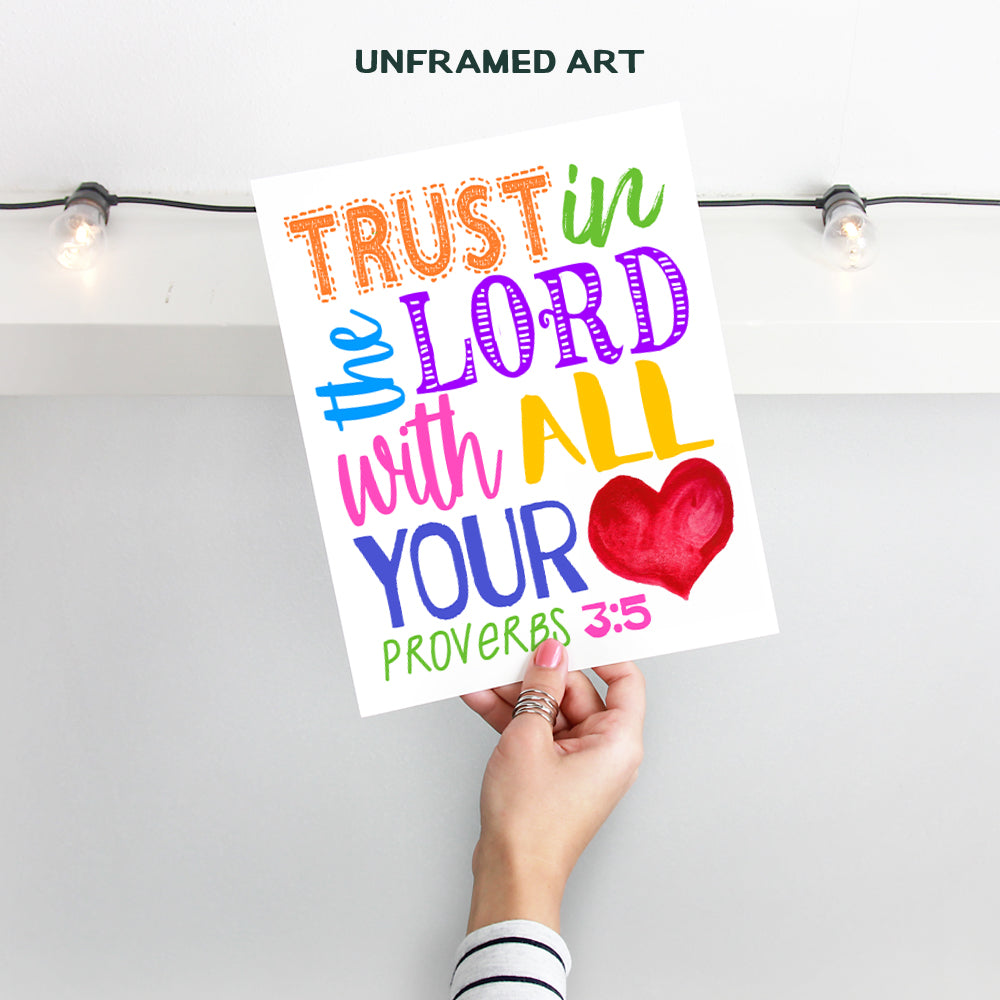 Religious Decor - Bible Verse Scripture Wall Art for Kids Bedroom, Boys, Girls Room, Bible Study, Church Sunday School - Inspirational Christian Gifts - Trust in the Lord With All Your Heart Proverbs