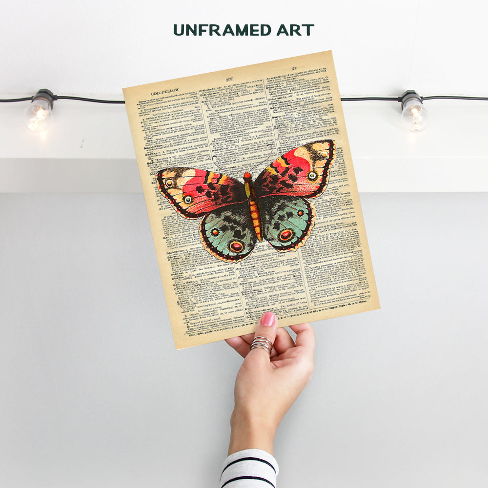 Upcycled Dictionary Wall Art Print - 8x10 Vintage Unframed Photo - Great For Home Decor and Easy Gift Giving - Nature - Orange and Green Butterfly