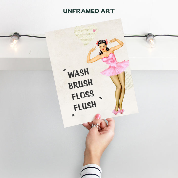 Wash Brush Floss Flush Sign - Vintage Bathroom Wall Art Decoration - Cute Unique Gift or Bathroom Decor for Women - Pink 1950s Pinup for Powder Room, Guest Bath, Restroom - UNFRAMED Retro Poster Print