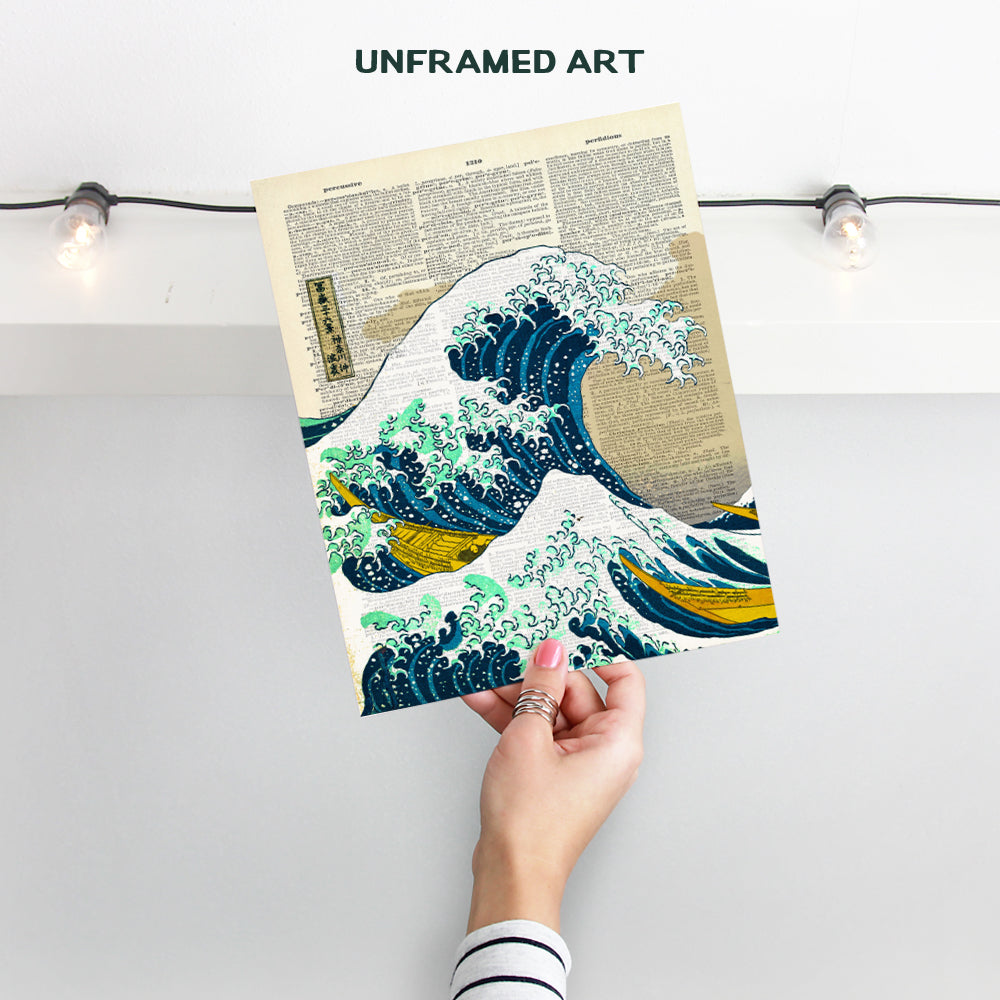 Wave off Kanagawa Japanese Wall Art Print on Dictionary Photo - Ready to Frame (8X10) Vintage Photo - Great Gift for Surfers - Cool Home Decor