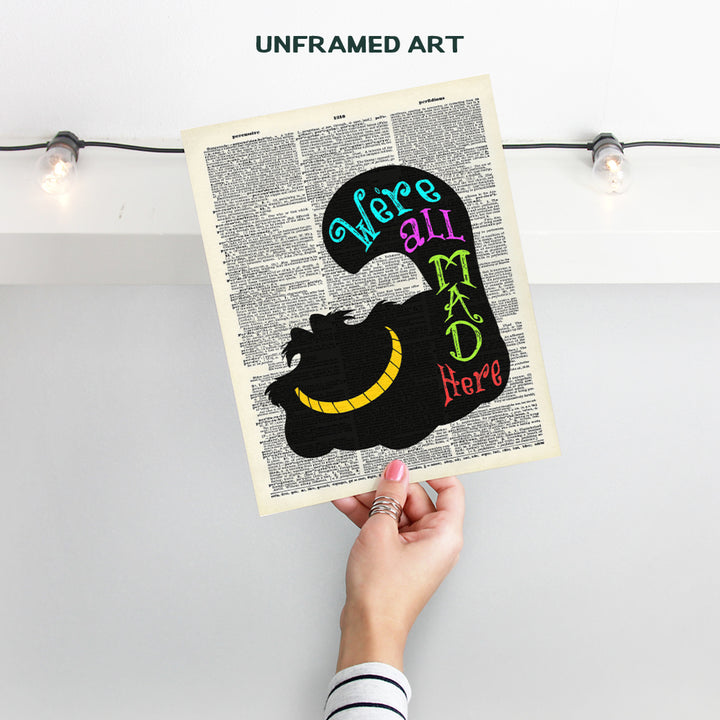 Cheshire Cat Wall Decor - Cat Wall Art - Unique Gift for Alice Wonderland Fans - 8x10 Dictionary Art Photo Poster for Girls, Boys, Kids Room, Office Decor, Home Decoration - Unframed Picture Print