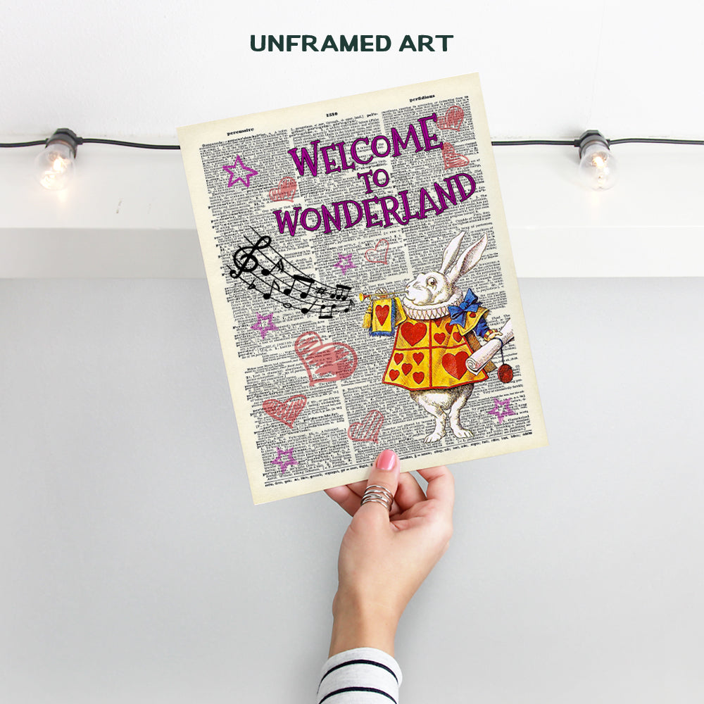 Alice Wonderland Art Print - White Rabbit Upcycled Dictionary Wall Art Poster for Nursery, Kids, Boys, Girls Room - Great Baby Shower Gift - 8x10 Unframed Photo