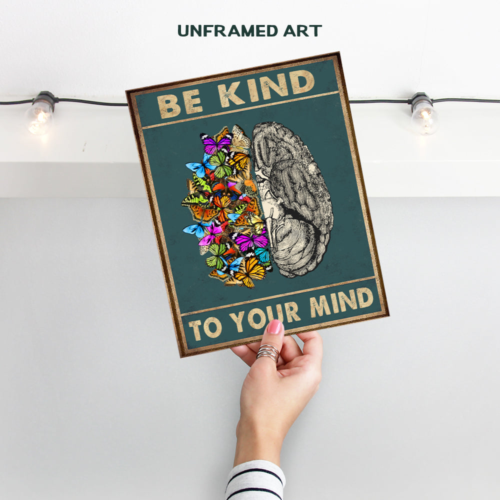 Yellowbird Art & Design Wall Art & Decor - Be Kind to Your Mind Mental health Wall Art- Vintage Butterflies Brain Wall Art Poster - Zen Meditation Wall Art - Office Family Living room Bedroom Wall Art