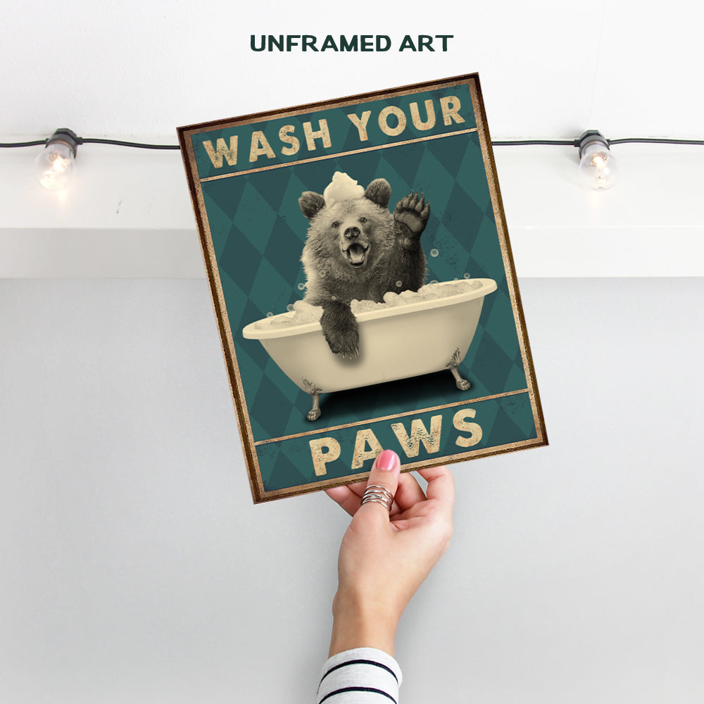 Wash Your Paws - Bear Wall Art - Funny Bathroom Decor for Women, Kids - Bathroom Pictures - Bath Wall Decor - Cute Bathroom Accessories - Powder Room - Wash Your Hands Restroom Sign - Butt Napkins