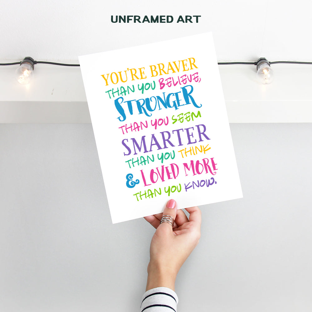 Inspirational Kids Room Decor - Always Remember You are Braver Than You Believe Quotes Wall Art - positive Affirmations Teacher Gifts for Women, Classroom Decorations - Motivational Wall Art for Women