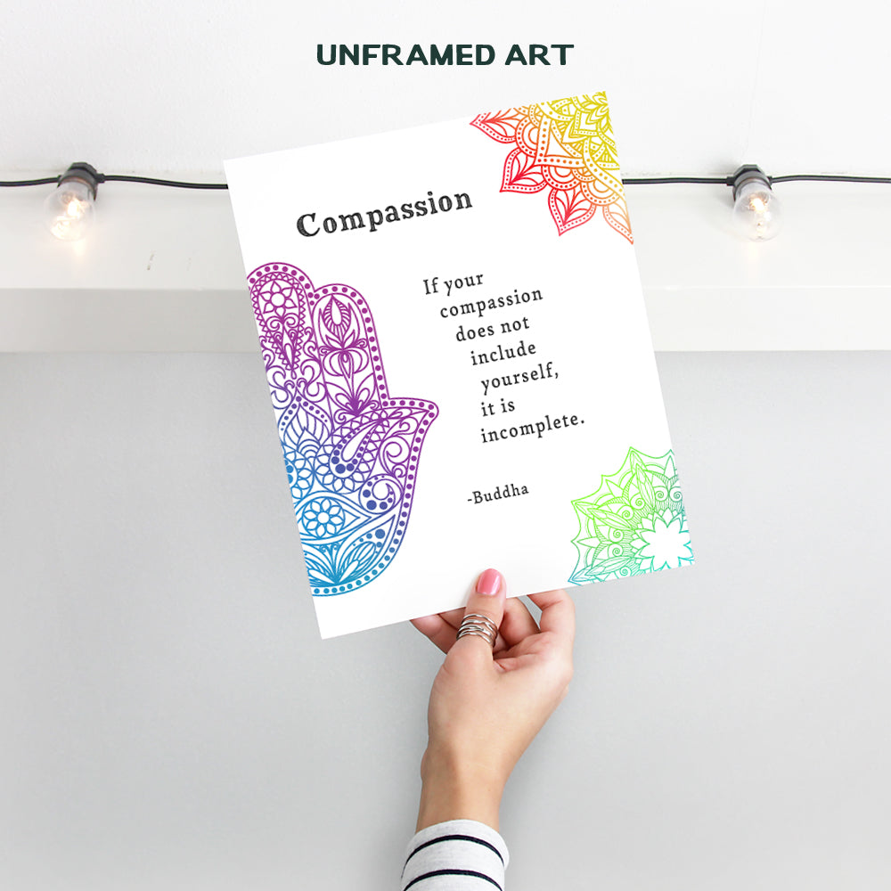 Compassion Buddha Quote - Inspirational Zen Wall Art Decor - 8x10 Buddhism Poster Print for Spa Decoration, Yoga, Meditation Room - Namaste Buddhist Gift - Hamsa Hand of Fatima, Mandala, Lotus, Om