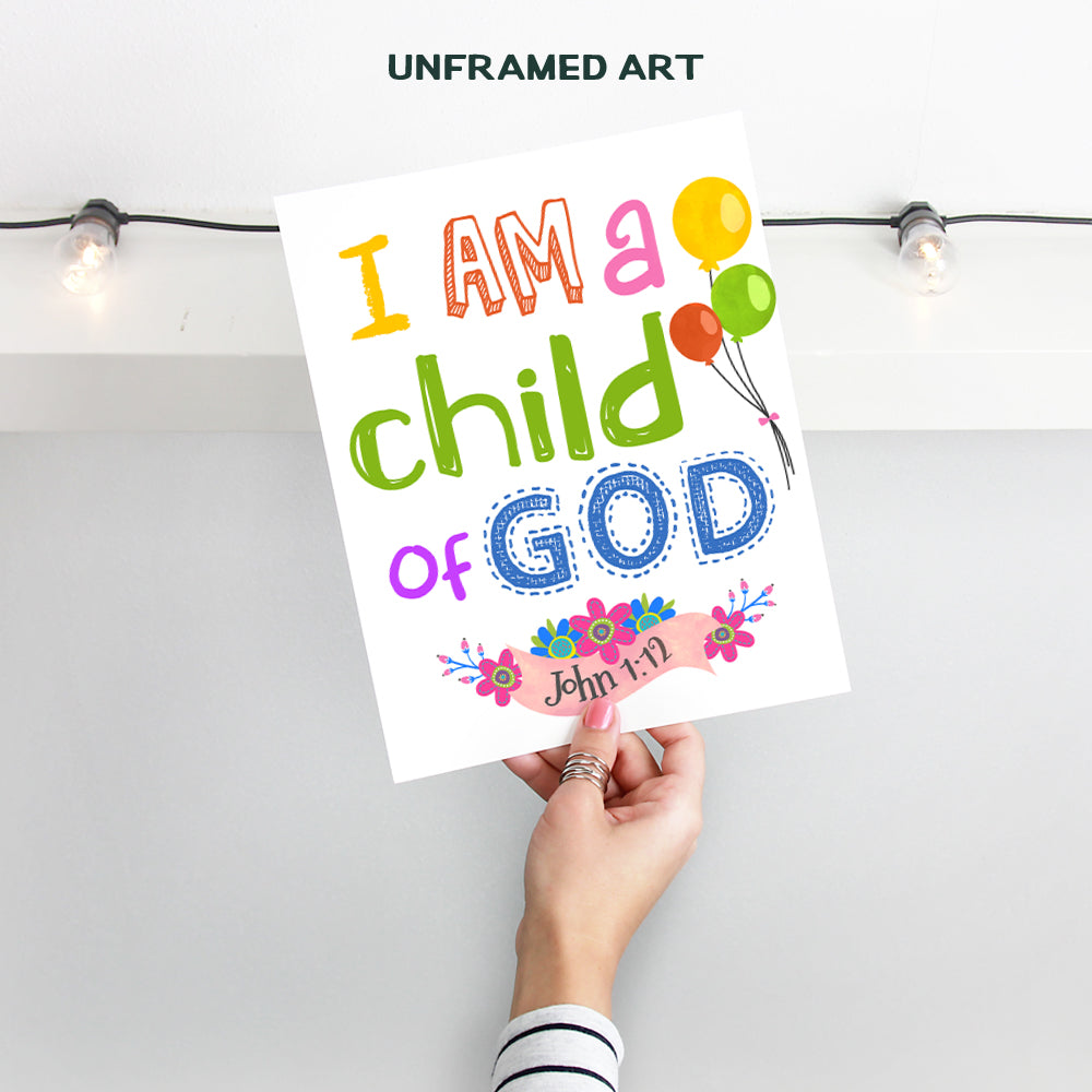 Child of God Scripture Decor - Christian Bible Verse Wall Art Poster for Nursery, Little Boys Room, Toddler Girls Bedroom - Religious Gifts for Kids - God Wall Decor - Positive Inspirational Quotes