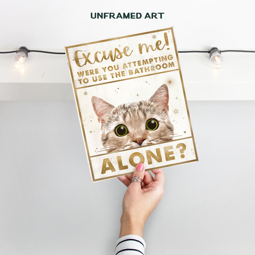 Excuse Me Cat Bathroom Wall Art - Funny Bathroom Wall Decor - Guest Bathroom Accessories - Bath Wall Decor - White Gold Bathroom Decorations for Women Kitty Kitten Cat Lover - Powder room Wall Art