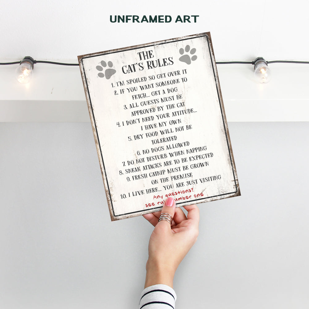 Funny Cat Wall Decor - Cat Lover Gifts for Women - Cats Rules Poster - Cat Wall Art - Cute Cat Home Decor - Kitty Cat Decorations - Cat Gifts - Cat Bathroom Decor - Rustic Cat Decor - 8x10