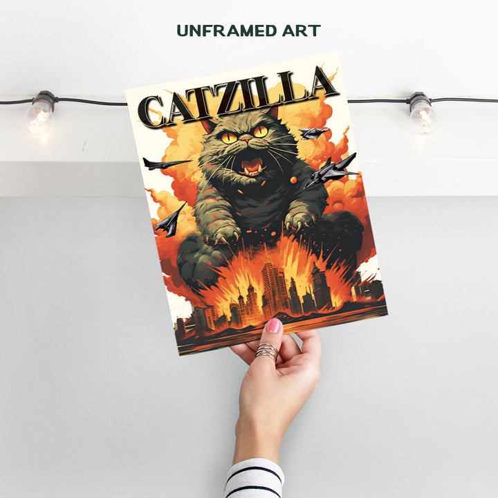 Funny Cats Wall Art & Decor - Catzilla - Black cat - Funny Cat Poster - Cat Gifts for Men, Cat Dad, Boys' Bedroom, Man cave Decor - Mens Cat Wall Decor - Horror Movie Poster - Japanese Wall Art Print