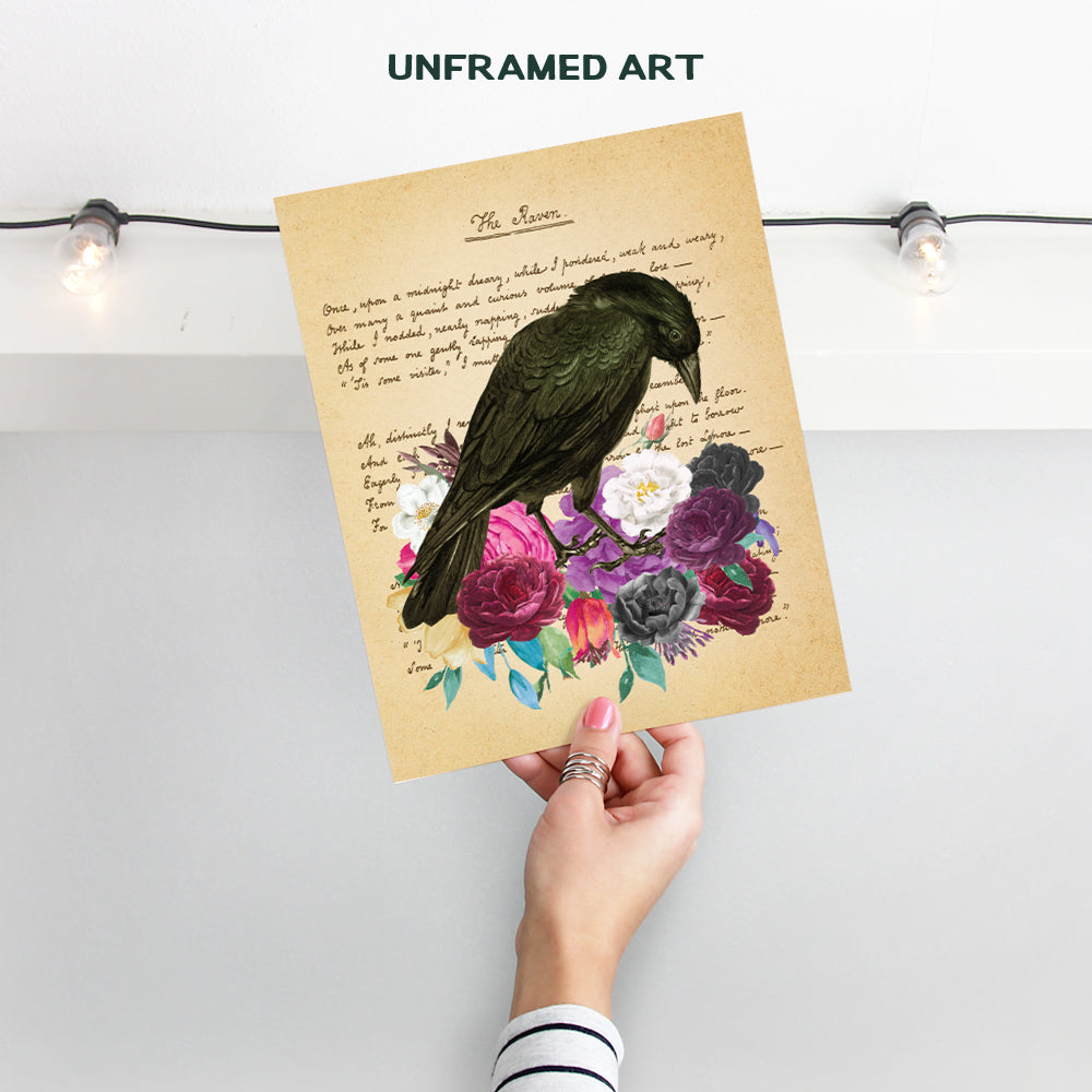 Edgar Allan Poe Gifts - The Raven - Gothic Living Room Decor - Medieval Decor - Wicca, Wiccan, Witchcraft, Occult - Goth Wall Art - Creepy Poster for Bedroom - Crow, Black Roses, Flowers Picture