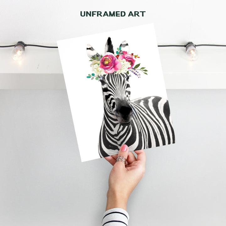 Zebra w/Flowers - Jungle Animal Floral Watercolor Wall Art Print Poster - Home Decor for Women, Girls, Teens or Kids, Room, Bedroom, Nursery - Cute Unique Baby Shower Gift - 8x10 Unframed