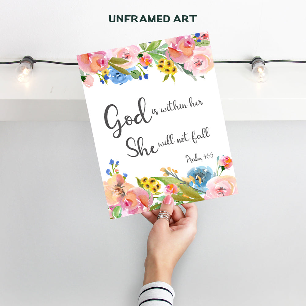 Psalm 46 - God is Within Her She Will Not Fall - Positive Quotes Wall Decor - Motivational Posters - Inspirational Christian Wall Art - Bible Verse Scripture Decor - Gift for Religious Women, Girls