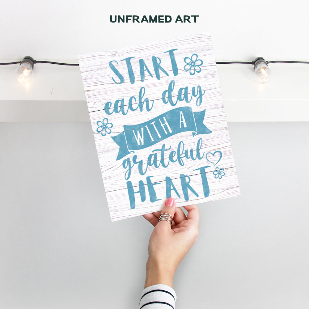 Rustic Inspirational Quotes Wall Art - Start Each Day With A Grateful Heart Sign Wall Decor - Blue Motivational Wall Art Posters - Positive Quotes Sayings - Cute Encouragement Gifts for Women Unframed