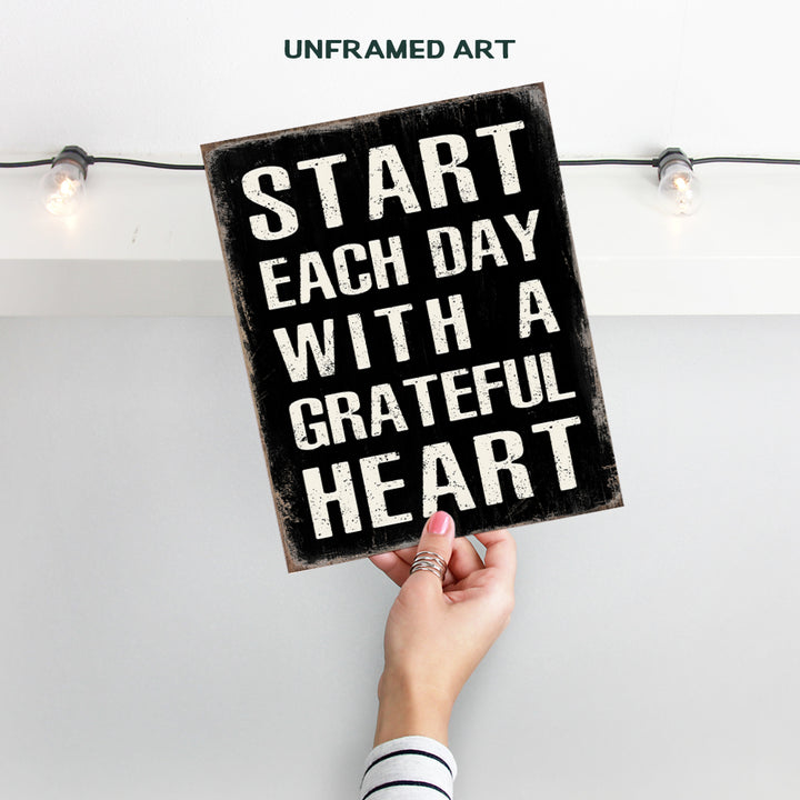 Inspirational Wall Art & Decor - Start Each Day With A Grateful Heart Poster - Gratitude Grateful Room Decor for Men, Women, Home Office - Uplifting Spiritual Wall Art - Positive Quotes Sayings Sign