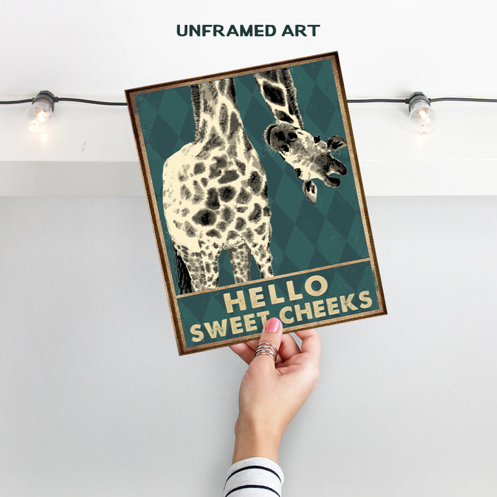 Giraffe Decor - Bathroom Wall Art Decorations - Hello Sweet Cheeks Bathroom Sign - Funny Bathroom Decor Poster - Bathroom Pictures - Cute Bathroom Accessories - Bath Wall Decor - Guest Bathroom