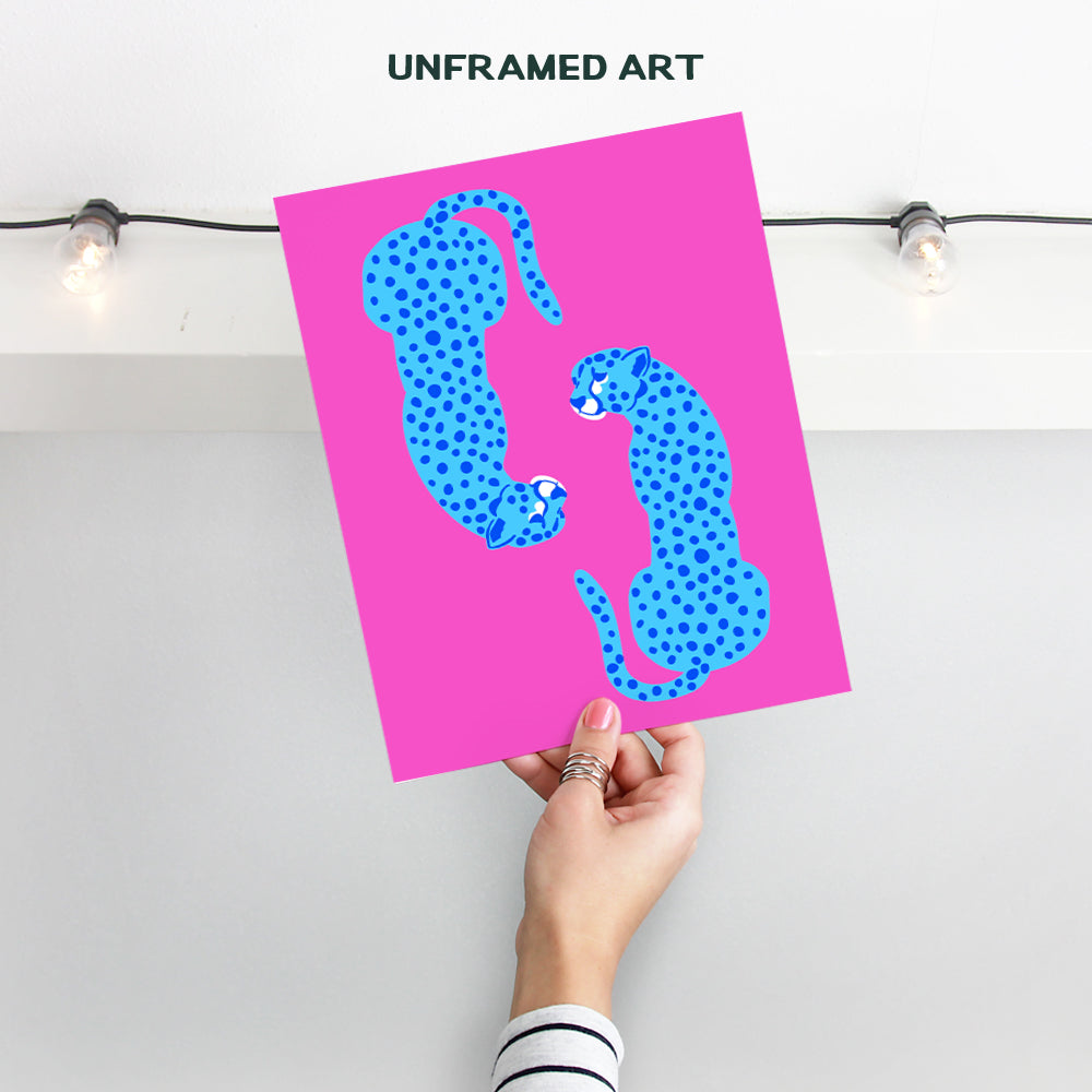 Mid-century Modern Aesthetic Cheetah print Wall Art - Minimalist Wall Art - Pink Blue Indie Preppy Room Decor Poster - Living room Bedroom Decor for Women Woman - Leopard Wall Art & Decor - UNFRAMED