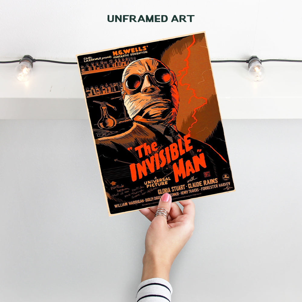 The Invisible Man - 8x10 Vintage Hollywood Horror Movie Poster Wall Art Print - Creepy Classic Scary Movie Home Decor Picture for Man Cave, Boys Bedroom, Teens Room - Gift for Men