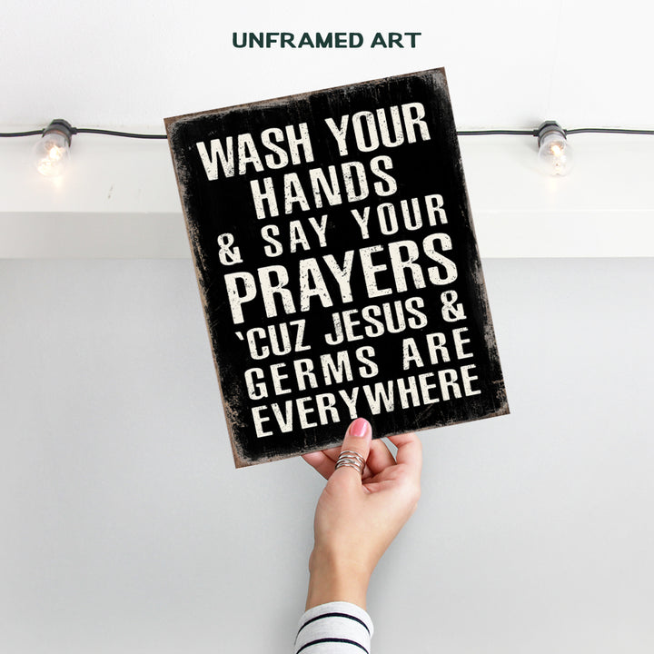 Christian Art Kids Bathroom Decor - Boys Bathroom Religious Wall Decor - White Black Bathroom Decor - Wash Your Hands Bathroom Sign - Jesus Christ funny Bathroom Decor - Rustic Restroom Accessories