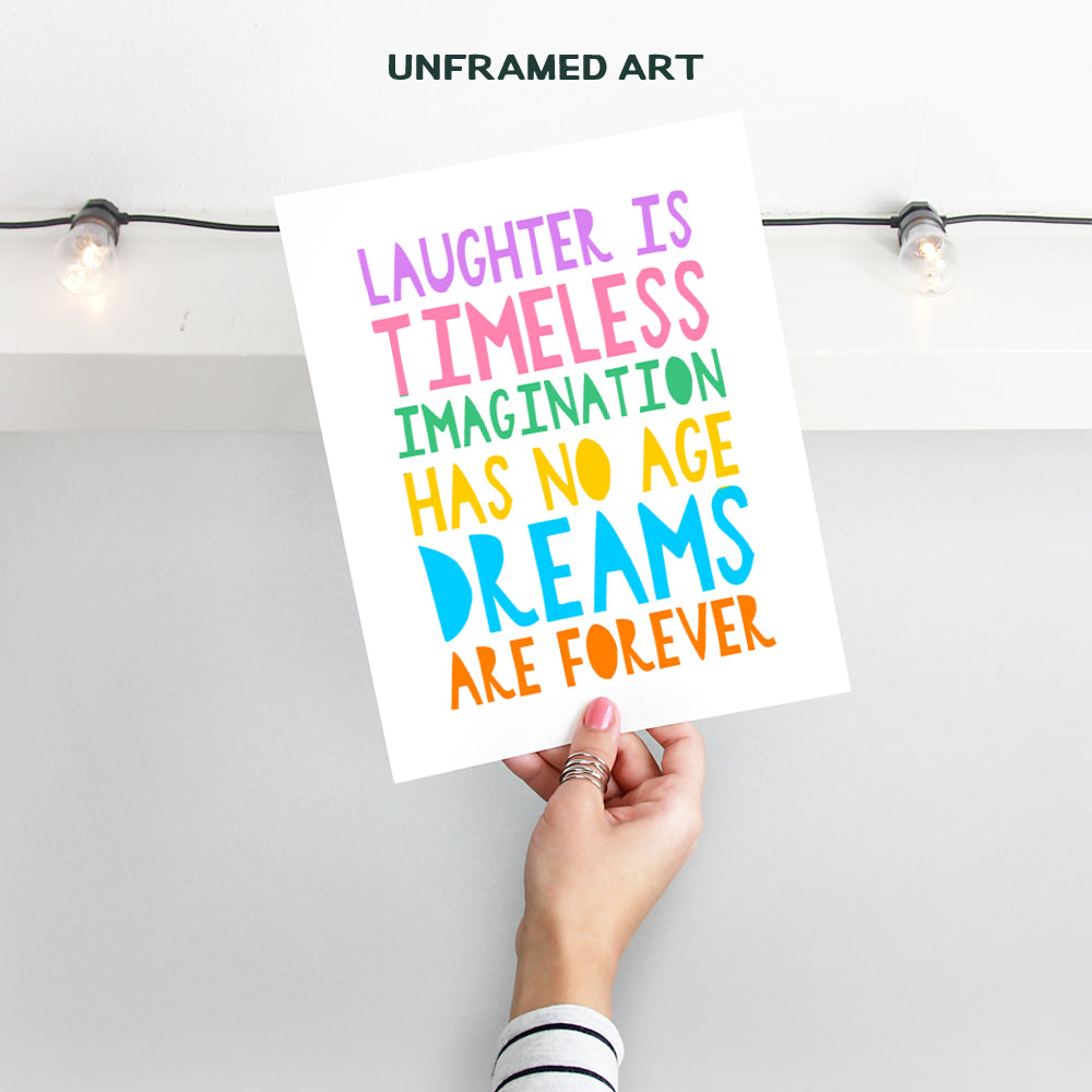 Inspirational Positive Quotes Wall Art & Decor - Laughter is Timeless Imagination Has No Age - Uplifting Gifts for Women, Nursery, Girls, Boys Bedroom - Inspiring Sayings